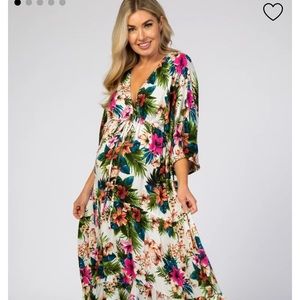 New white tropical floral maternity maxi dress